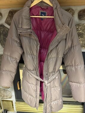 GAP Taupe Long Puffer Coat with Burgundy Interior